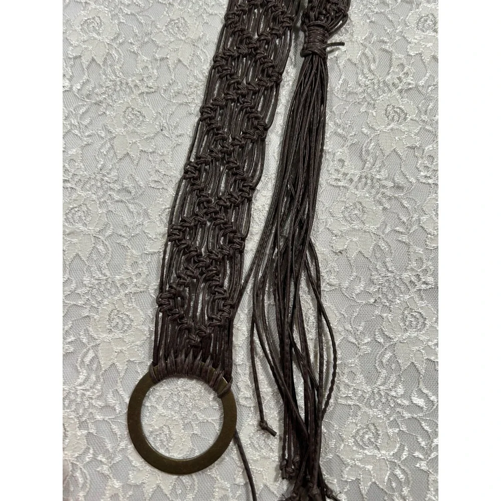Boho Brown Macrame Wide Waist Belt O-Ring Buckle Hippie Fringe Western Festival